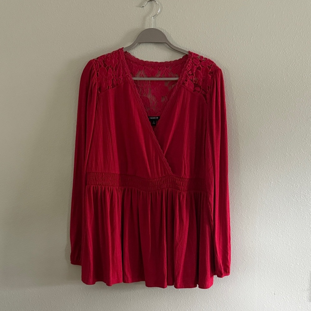 Torrid Deep Red Lace Trim Blouse